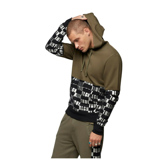 True Religion Men's Monogram Logo Panel Hoodie Sweatshirt in Black/Militant Gree - Picture 2 of 4